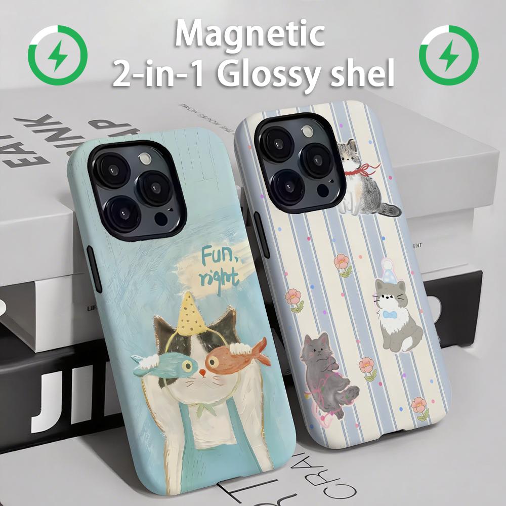 Phone Accessories Iphone - かわいい猫と犬のスマホケース マグネット式 2-in-1 光沢シェル iPhone 16e