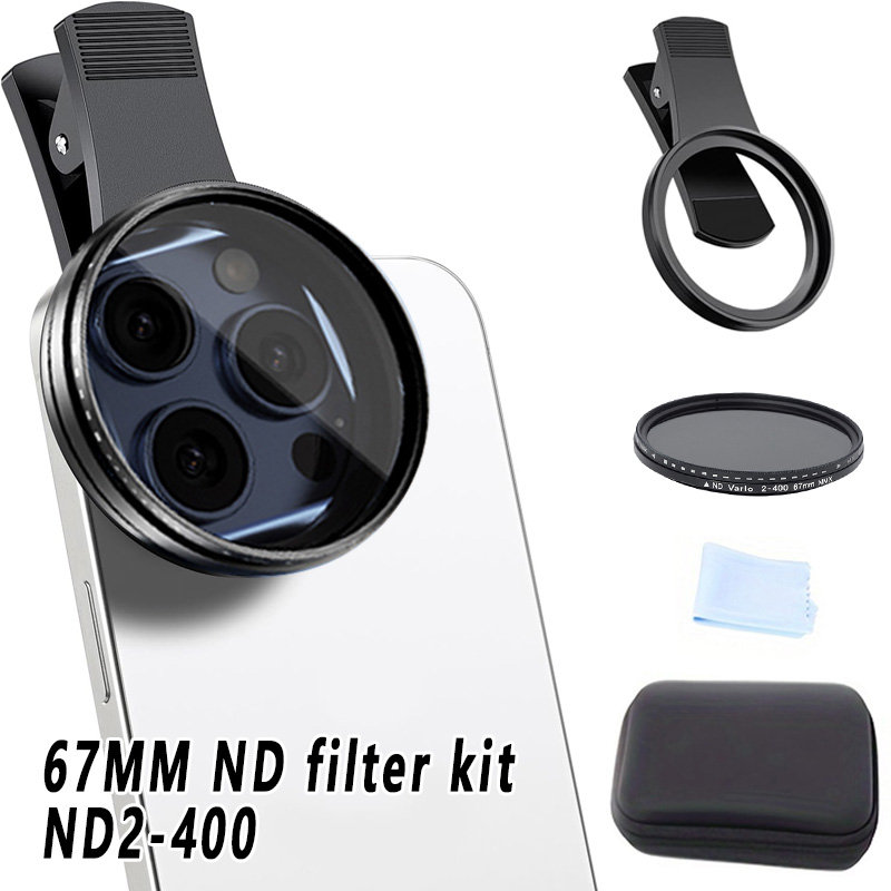 Lens Camera Clip - 67mmクリップオンND2-400スマホカメラレンズフィルターキット、iPhone 16/15/14/13/12/11、Androidスマートフォン対応調整可能減光フィルター