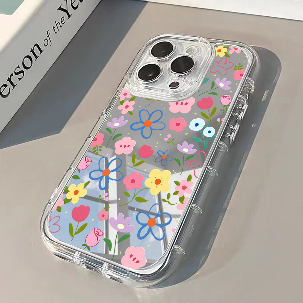 Phone Accessories Iphone - 韓国風花柄シルバーミラー付きスマホケース iPhone 17 Pro Max 15
