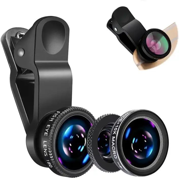 Lens Camera Clip - iPhone、Xiaomi、Redmi対応 3in1魚眼広角マイクロカメラレンズ スマートフォンレンズ用3in1ズーム魚眼レンズ（スマホクリップ付き）